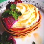 Old fashion pancake recipe fluffy, fancy decoration with honey, dragon fruit