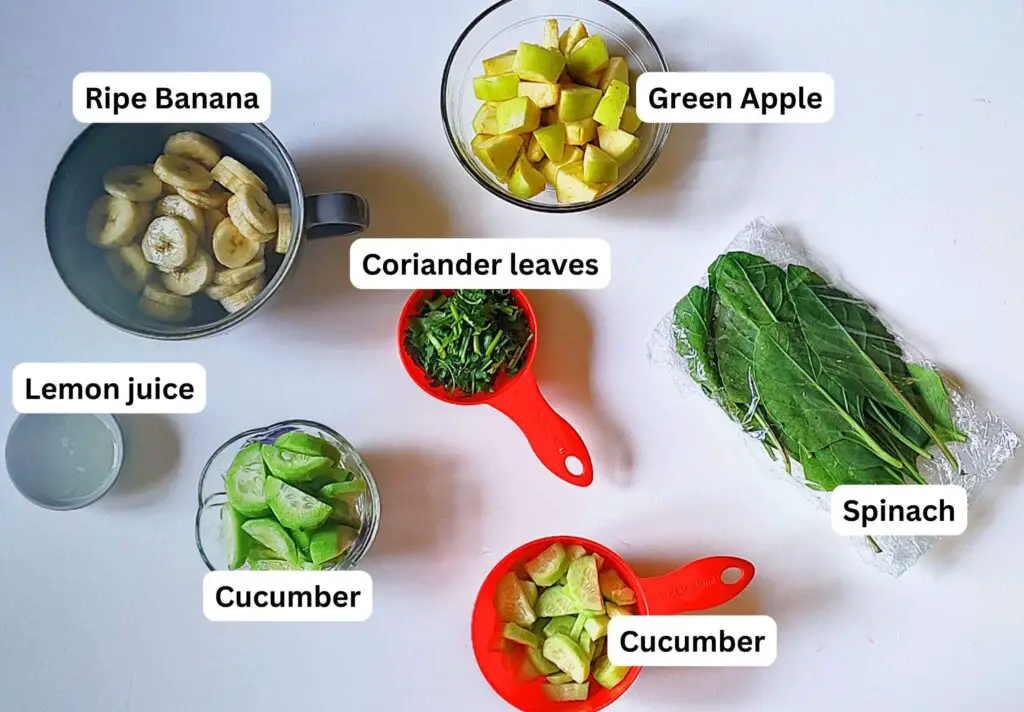 Healthy and Refreshing Green Smoothie recipe ingredients. Each ingredients indicated by text.