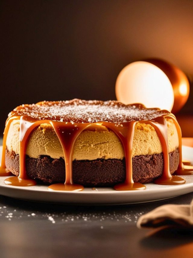 A close-up view of a Caramel Brownie Cheesecake featuring a rich brownie base, creamy cheesecake layer, and glossy caramel topping, garnished with a sprinkle of sea salt and mint leaves, set on a rustic wooden table.