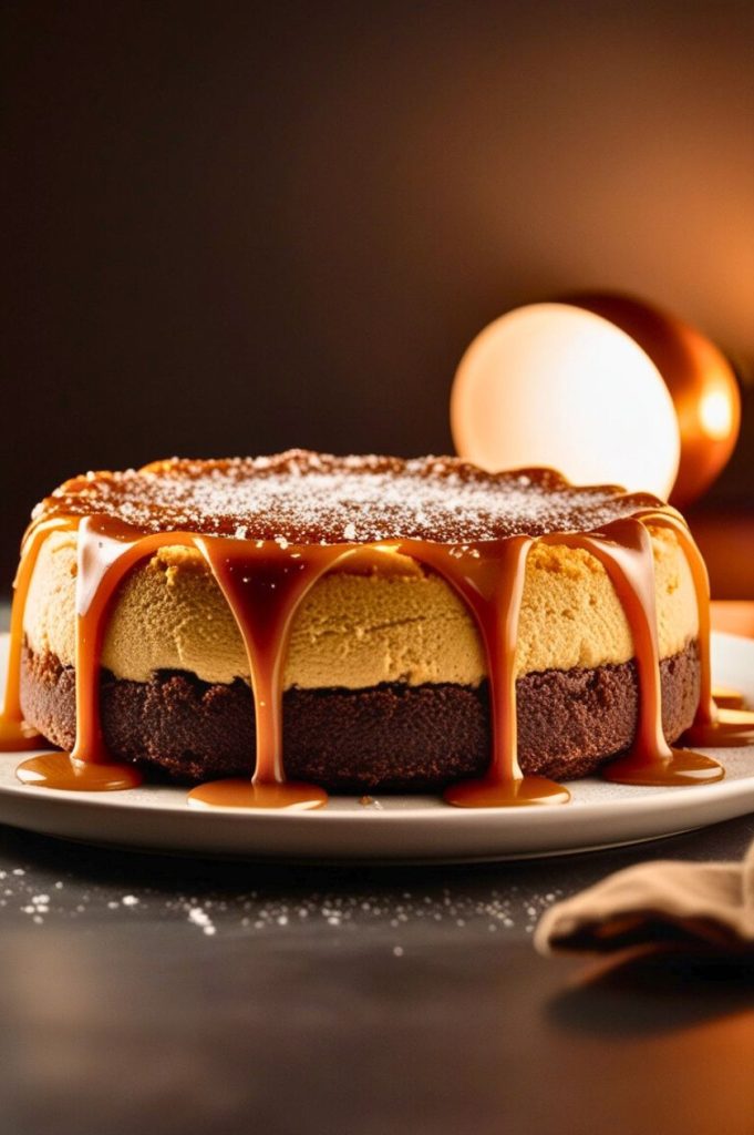 A close-up view of a Caramel Brownie Cheesecake featuring a rich brownie base, creamy cheesecake layer, and glossy caramel topping, garnished with a sprinkle of sea salt and mint leaves, set on a rustic wooden table.