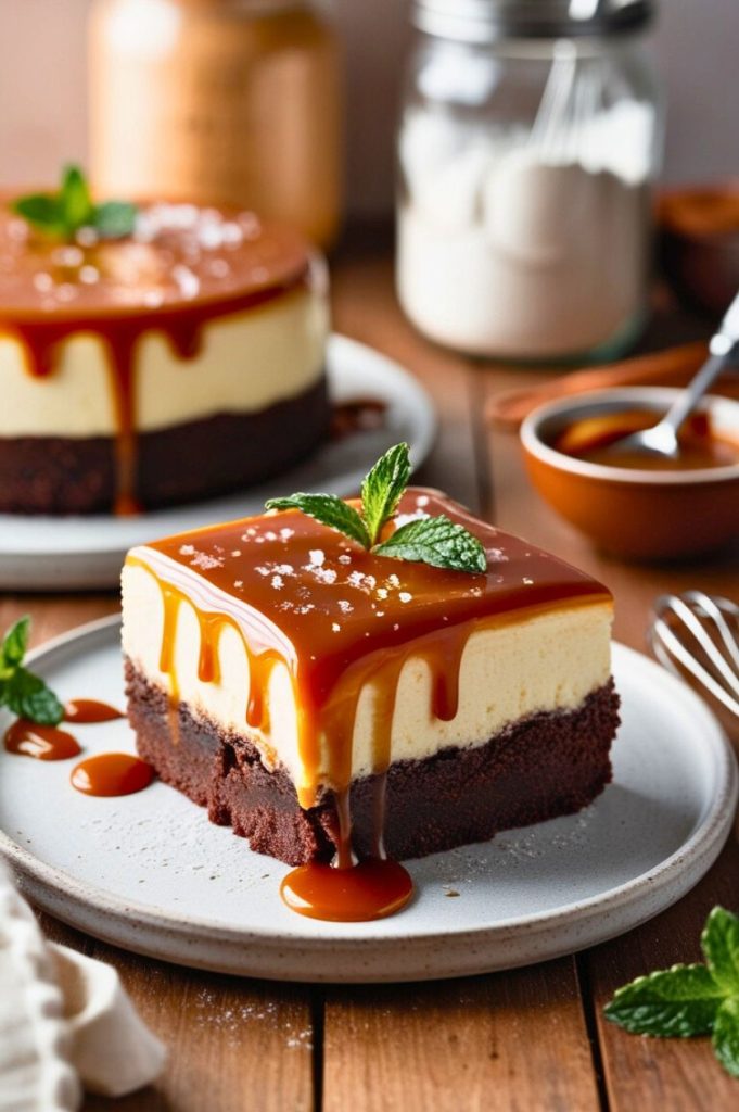 A rustic food photography scene showcasing a Caramel Brownie Cheesecake, garnished with mint leaves and sea salt, with a blurred kitchen setting in the background, evoking a cozy ambiance.