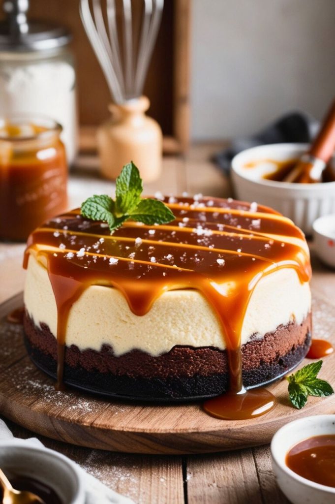 A decadent dessert display of Caramel Brownie Cheesecake with a glossy caramel drizzle, presented on a rustic table with soft natural lighting and warm tones highlighting its richness.