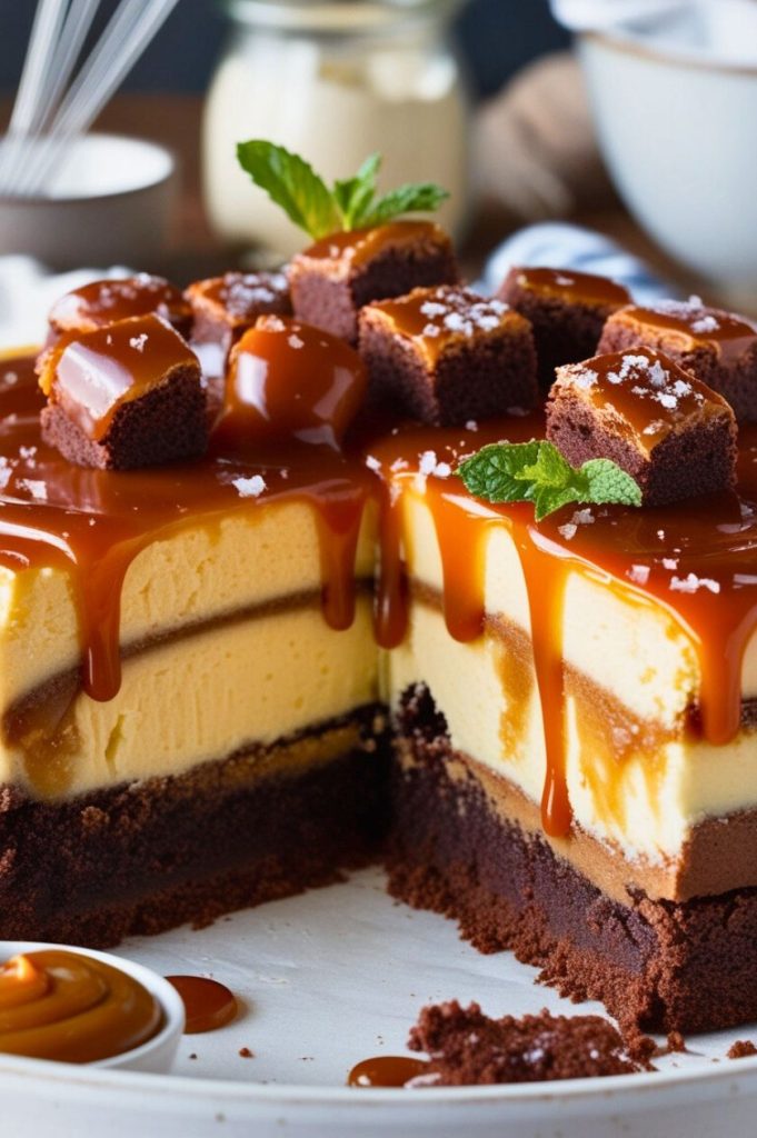 A beautifully styled Caramel Brownie Cheesecake with distinct layers of brownie and cheesecake, topped with caramel sauce, surrounded by a bowl of caramel and cozy kitchen elements in a blurred background.