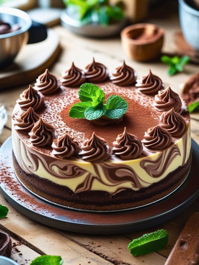 A close-up of a decadent chocolate marble cheesecake with swirls of rich, dark chocolate and creamy white filling on top of a buttery graham cracker crust.