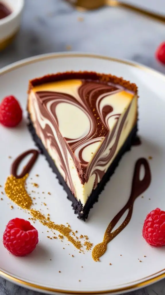 A slice of chocolate marble cheesecake on a plate, showcasing a beautiful marbled effect with chocolate swirls throughout the creamy cheesecake filling.