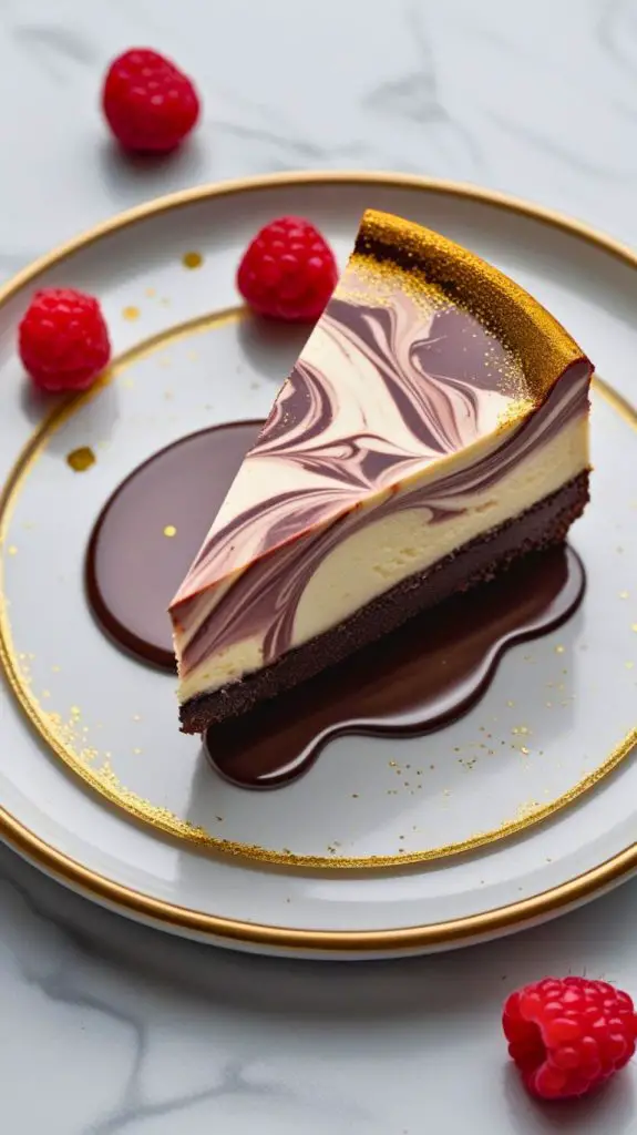 A slice of chocolate marble cheesecake on a plate, showcasing a beautiful marbled effect with chocolate swirls throughout the creamy cheesecake filling.