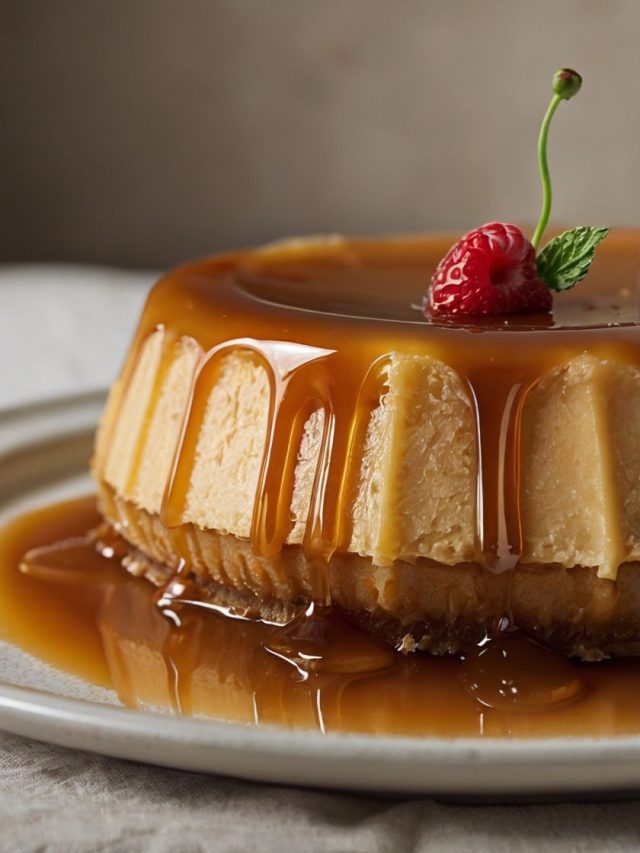 A beautifully presented coconut caramel flan with a rich caramel glaze, garnished with tropical leaves and a spoon beside it.