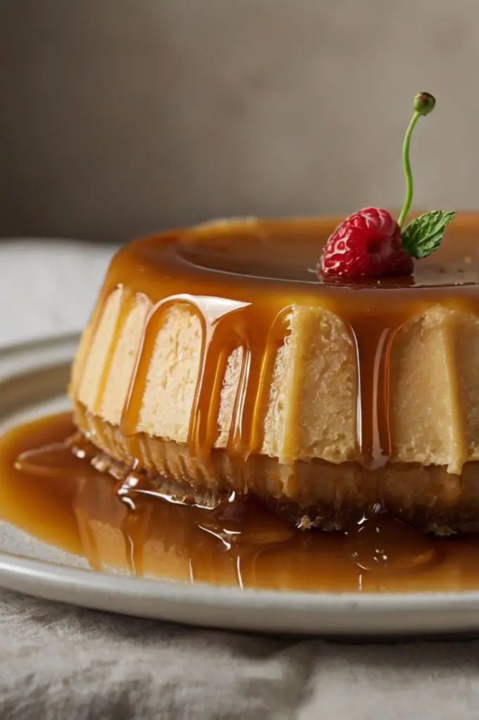 A beautifully presented coconut caramel flan with a rich caramel glaze, garnished with tropical leaves and a spoon beside it.