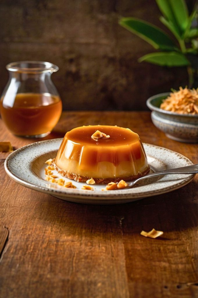 A slice of coconut caramel flan served on a plate, showcasing its smooth, velvety texture and caramel topping.