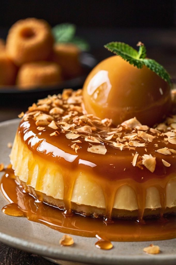 Close-up of a creamy coconut caramel flan with a glossy caramel top, placed on a rustic wooden table.