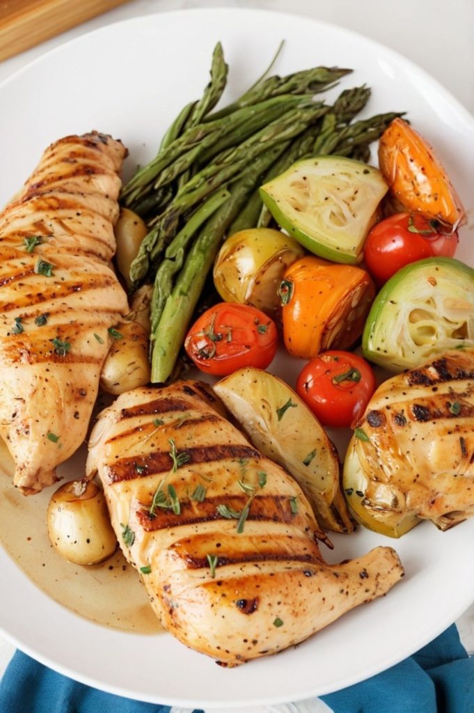 Juicy chicken breasts on a grill with perfect char marks, sizzling over medium-high heat.