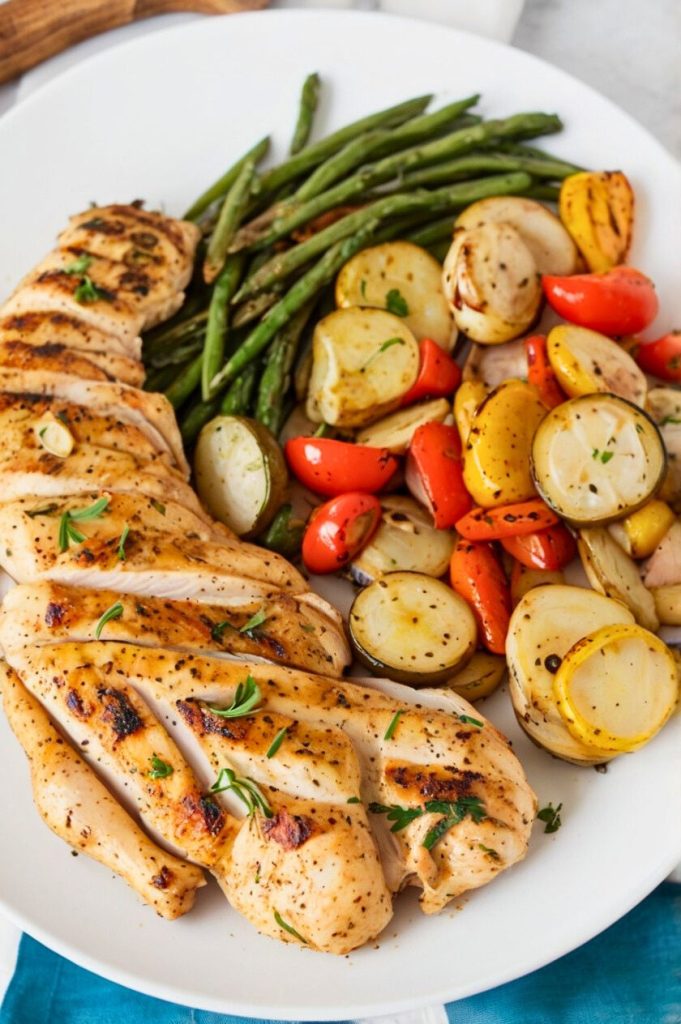 Juicy chicken breasts on a grill with perfect char marks, sizzling over medium-high heat.