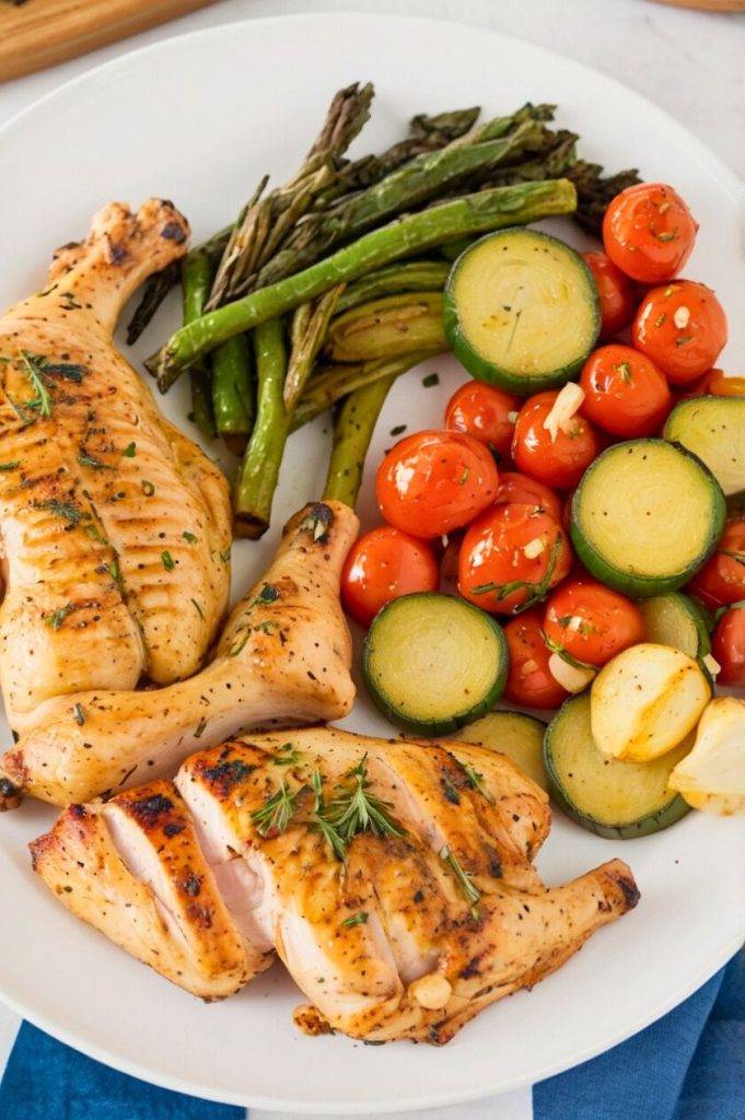 A beautifully arranged platter featuring grilled chicken and veggies, garnished with fresh lemon slices and herbs, ready to be served.