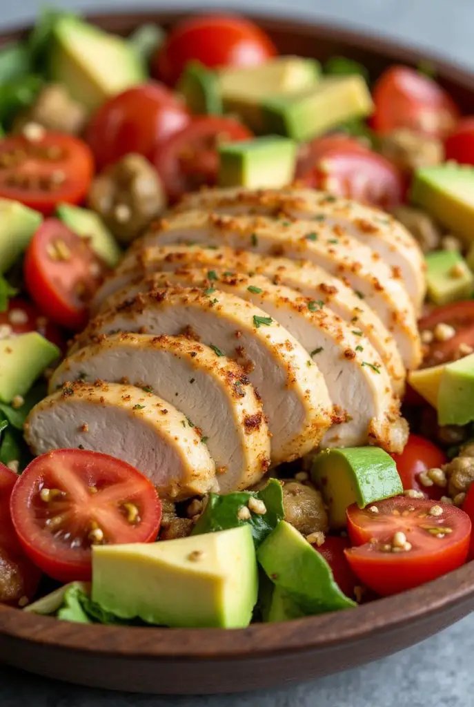 A colorful bowl of Healthy Avocado Chicken Salad featuring diced avocado, shredded chicken, cherry tomatoes, and cilantro, served on a rustic wooden table.