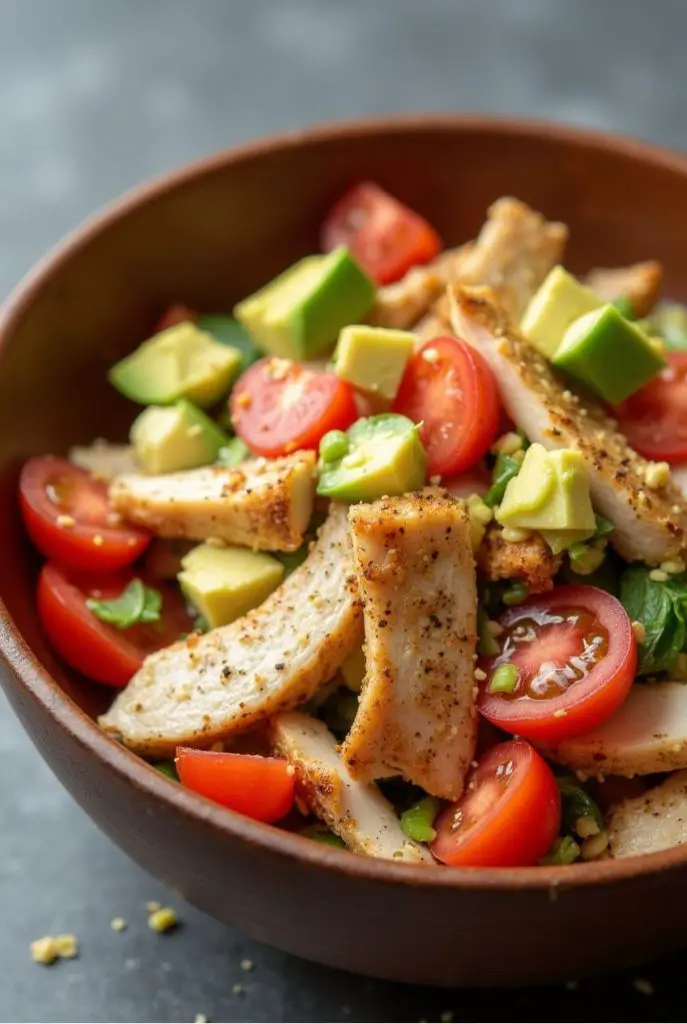 Fresh and vibrant avocado chicken salad garnished with lime wedges, displayed in a white ceramic bowl with natural lighting.