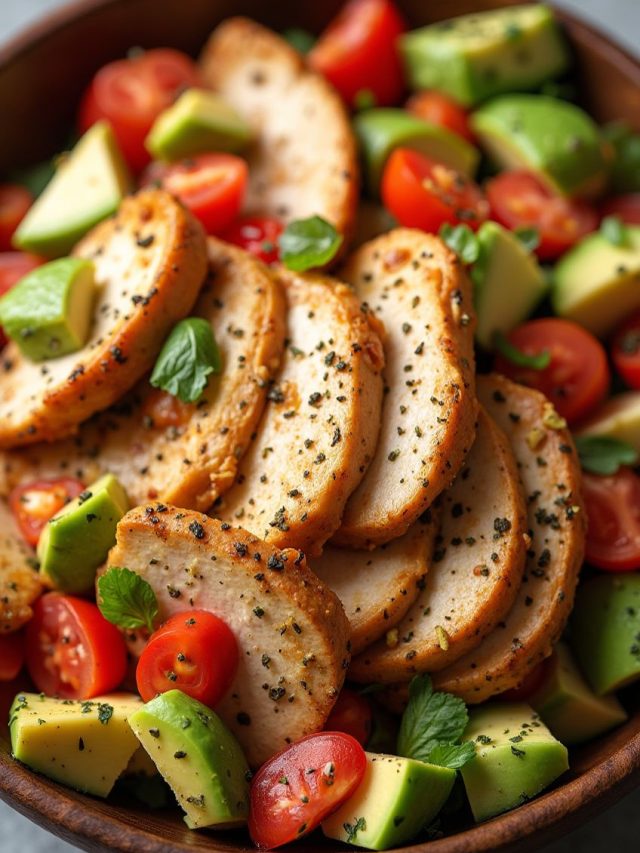 A wholesome and nutritious salad made with avocado, chicken, red onion, and cherry tomatoes, surrounded by fresh ingredients like whole avocados and lime.