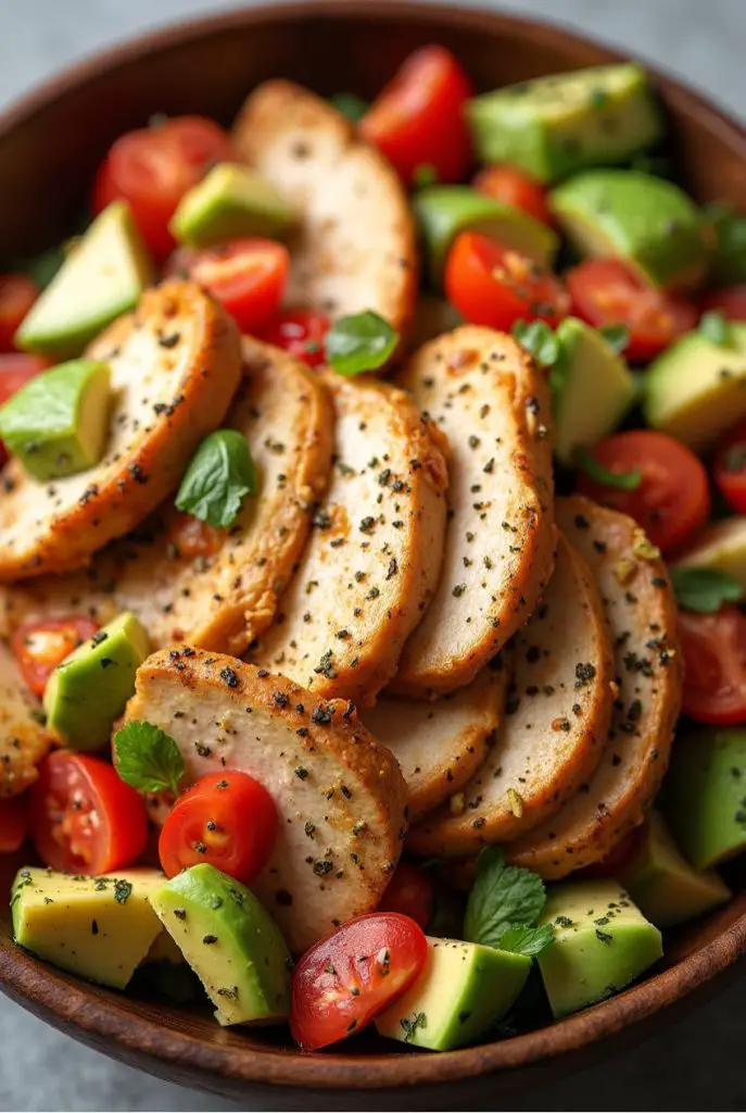 A wholesome and nutritious salad made with avocado, chicken, red onion, and cherry tomatoes, surrounded by fresh ingredients like whole avocados and lime.