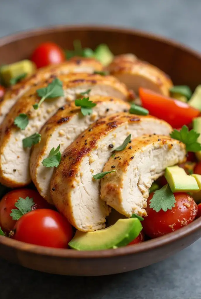 Close-up of a creamy avocado chicken salad mixed with fresh herbs and vegetables, perfect for a healthy and satisfying meal.