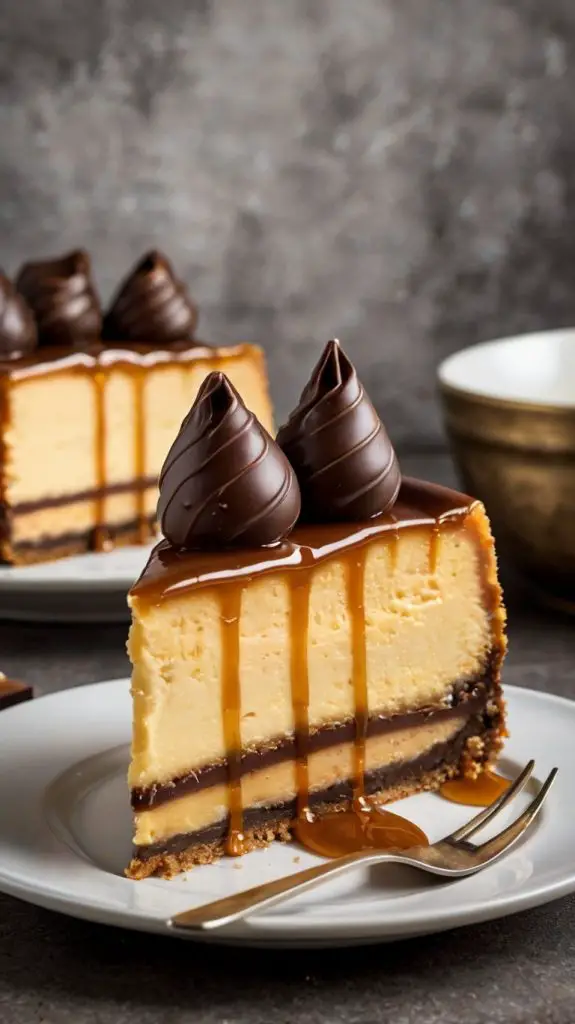 A close-up of a slice of Millionaire’s Cheesecake, revealing layers of biscuit crust, caramel, cheesecake, and chocolate, garnished with a drizzle of caramel.