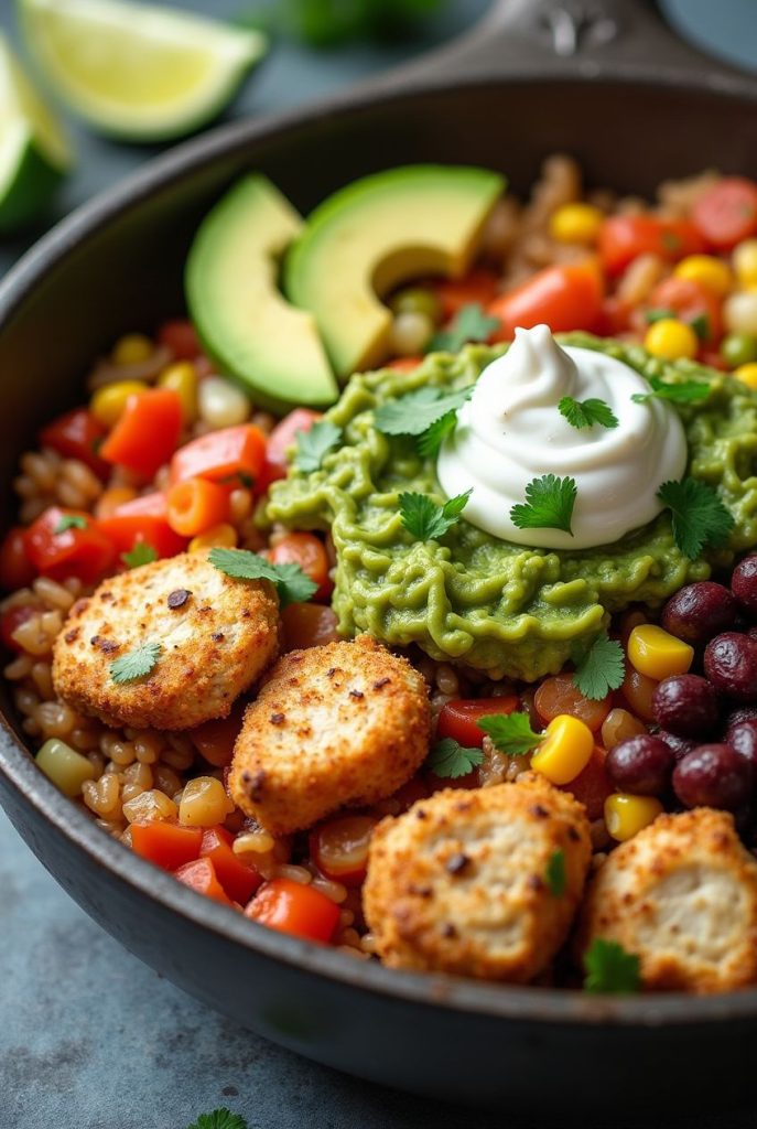 Close-up of a skillet filled with a flavorful chicken burrito bowl featuring colorful vegetables and tender chicken pieces.