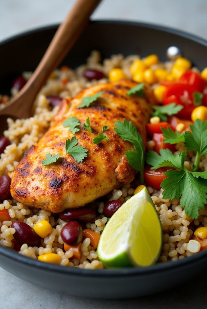 A hearty and easy one-pan chicken burrito bowl served with avocado slices, shredded cheese, and a lime wedge on the side.