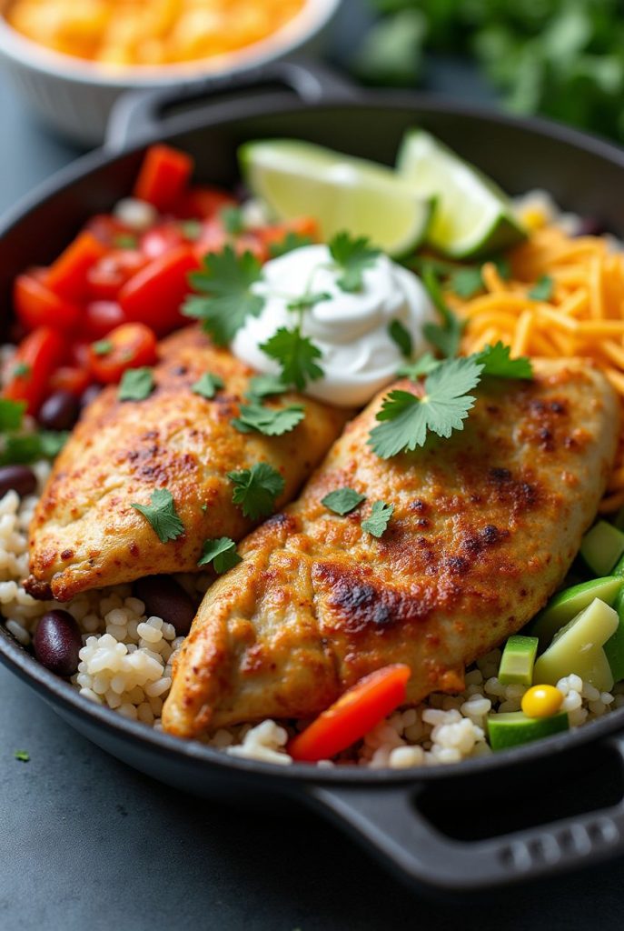 Top view of a one-pan chicken burrito bowl showcasing perfectly cooked rice, juicy chicken, and a mix of Tex-Mex flavors.