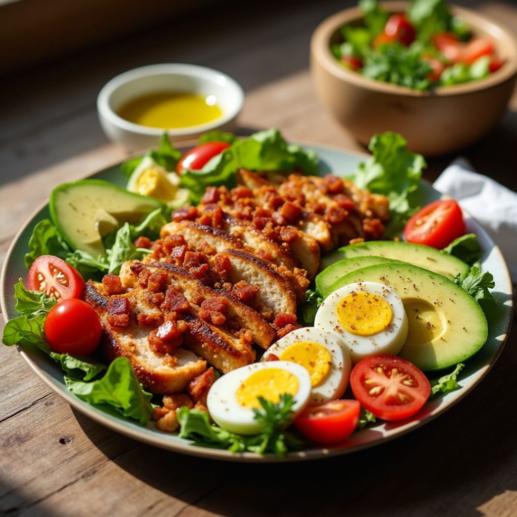 A colorful Paleo Grilled Chicken Cobb Salad with fresh greens, grilled chicken, avocado slices, crispy bacon, and cherry tomatoes on a wooden table.