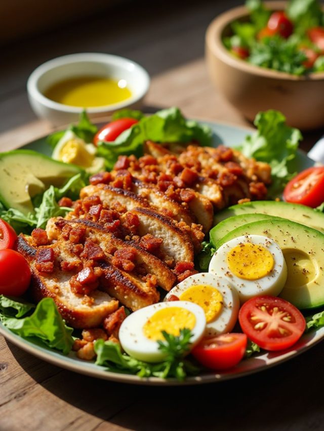 A colorful Paleo Grilled Chicken Cobb Salad with fresh greens, grilled chicken, avocado slices, crispy bacon, and cherry tomatoes on a wooden table.