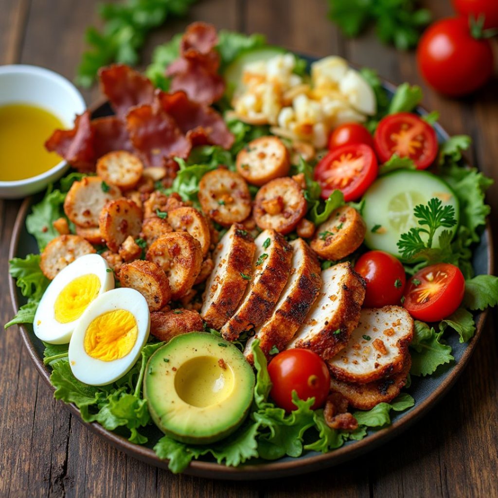 Close-up of a Paleo-friendly Cobb Salad featuring tender grilled chicken, hard-boiled eggs, and vibrant vegetables.