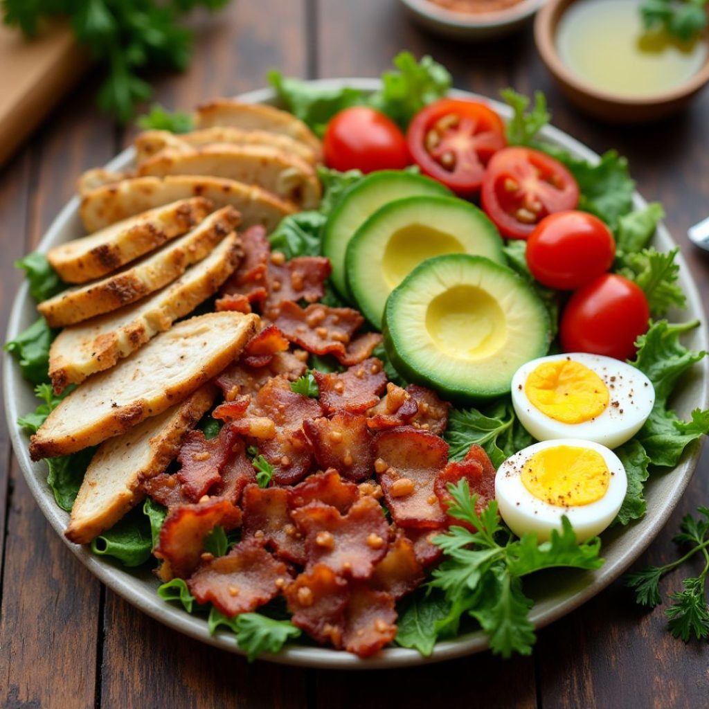 "A healthy and delicious Paleo Grilled Chicken Cobb Salad served with a side of olive oil dressing and fresh herbs.