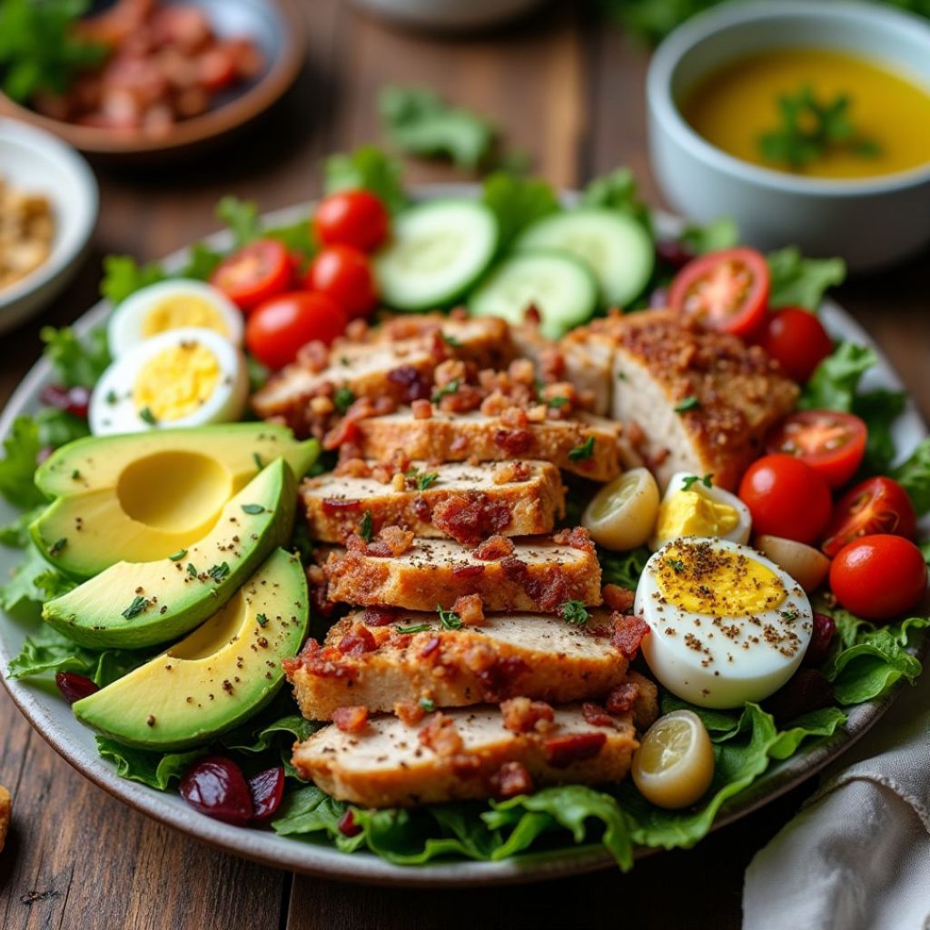 "A healthy and delicious Paleo Grilled Chicken Cobb Salad served with a side of olive oil dressing and fresh herbs