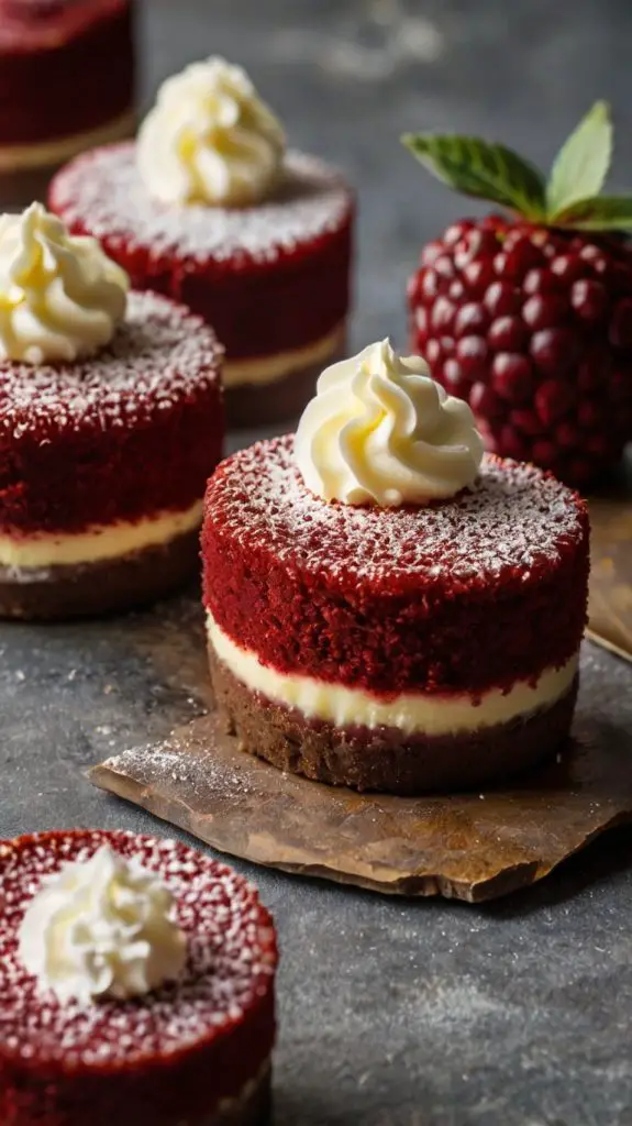 Red Velvet Cheesecake Bites on a plate: A close-up of vibrant red velvet cheesecake bites arranged on a white plate, showing their creamy cheesecake topping and moist red velvet base.