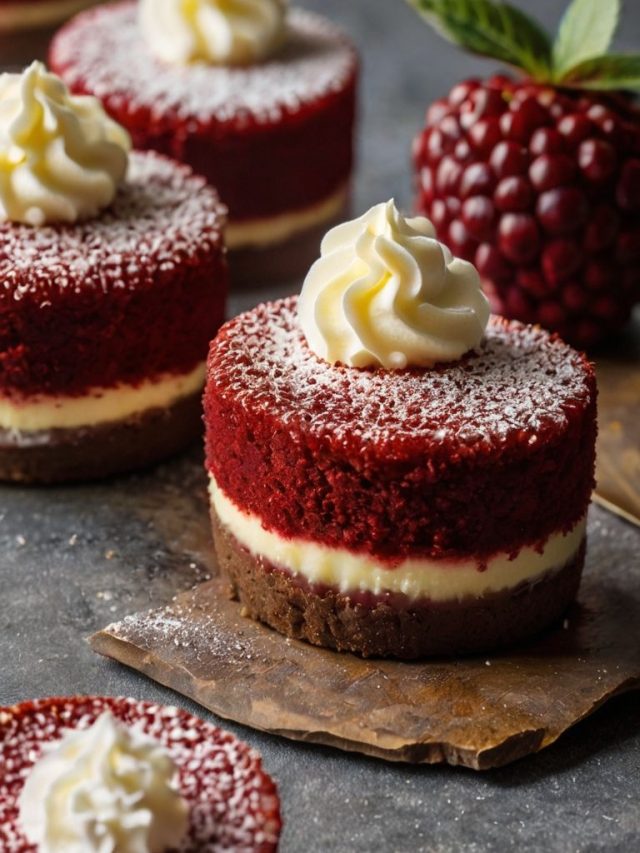 Red Velvet Cheesecake Bites on a plate: A close-up of vibrant red velvet cheesecake bites arranged on a white plate, showing their creamy cheesecake topping and moist red velvet base.