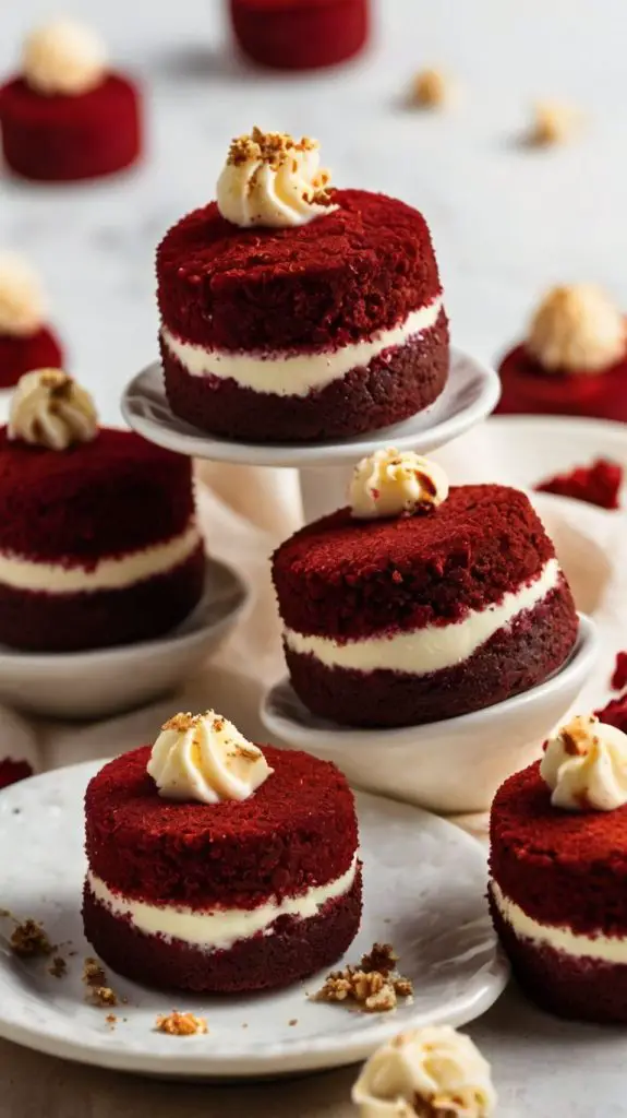 Step-by-step preparation: Ingredients for red velvet cheesecake bites neatly arranged on a countertop, including flour, cream cheese, and cocoa powder.