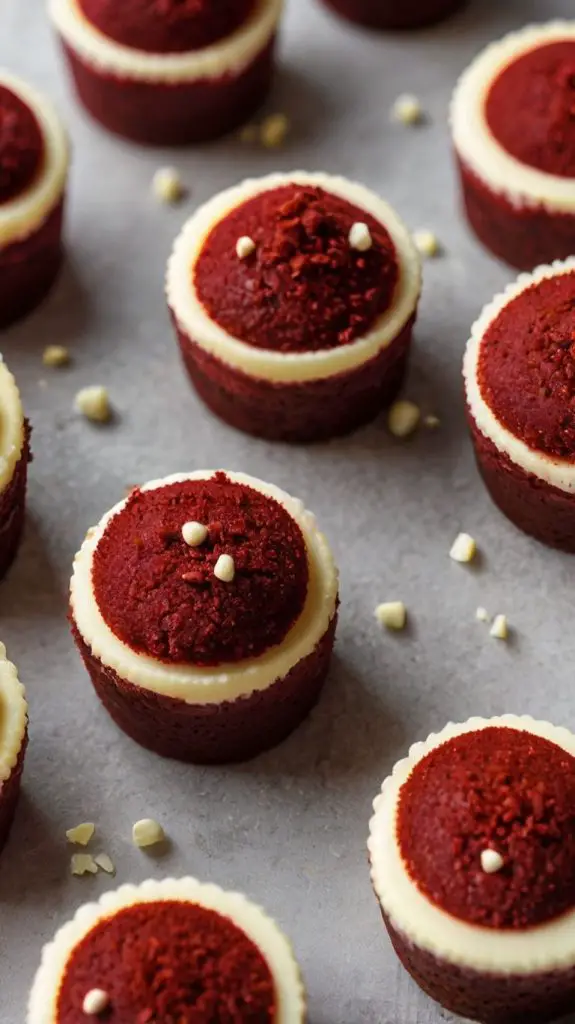 Freshly baked bites in a muffin tin: Red velvet cheesecake bites cooling in a mini muffin tin, with the cheesecake layer slightly golden on top.