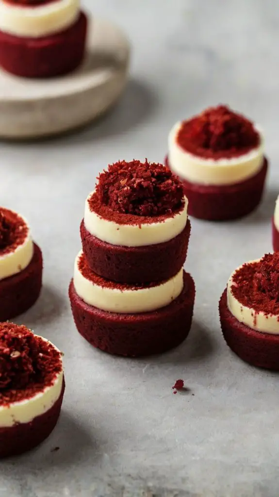 Served bites with garnish: A display of red velvet cheesecake bites served on a tray, garnished with a sprinkle of powdered sugar and a sprig of mint.