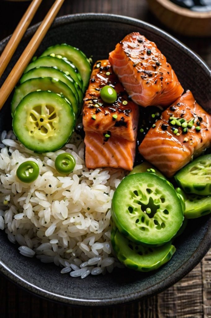 "A salmon and rice bowl with grilled salmon, sliced avocado, white rice, cucumber, edamame, and green onion garnished with sesame seeds.