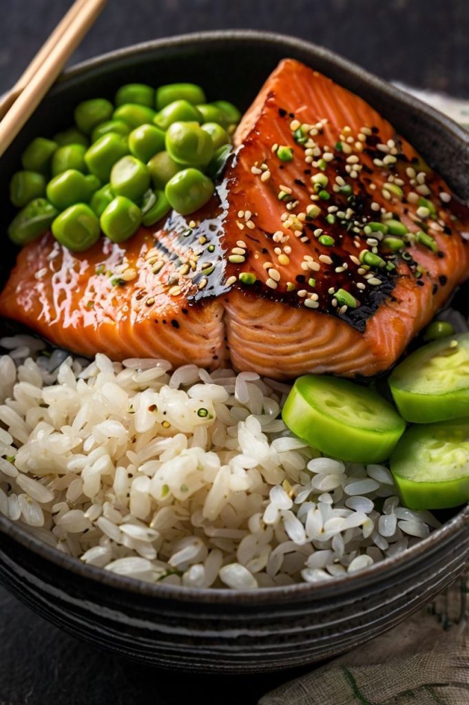 Close-up of a vibrant rice bowl featuring glazed salmon, fresh vegetables, and a sprinkle of sesame seeds in a black ceramic bowl.