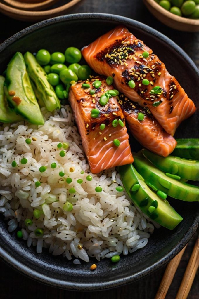 Healthy salmon bowl with rice, avocado, cucumber, edamame, and green onions, perfect for a nutritious meal.