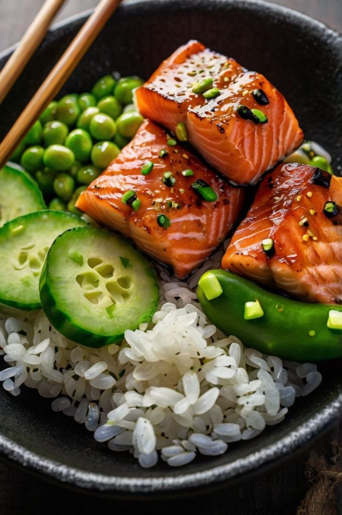 Healthy salmon bowl with rice, avocado, cucumber, edamame, and green onions, perfect for a nutritious meal.