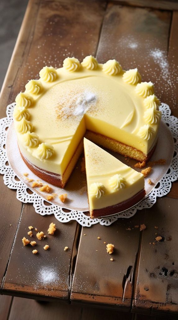 A slice of Vanilla Magic Custard Cake showing its three distinct layers: a fluffy sponge top, creamy custard middle, and dense base, dusted with powdered sugar.