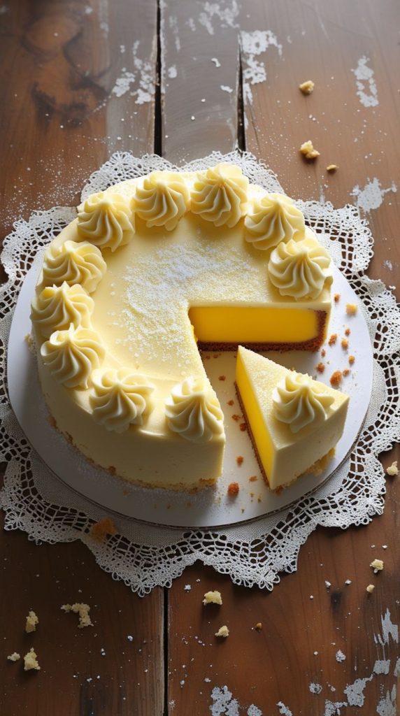 Flat lay of ingredients for Vanilla Magic Custard Cake, including eggs, sugar, milk, butter, flour, and vanilla extract, arranged on a wooden surface.