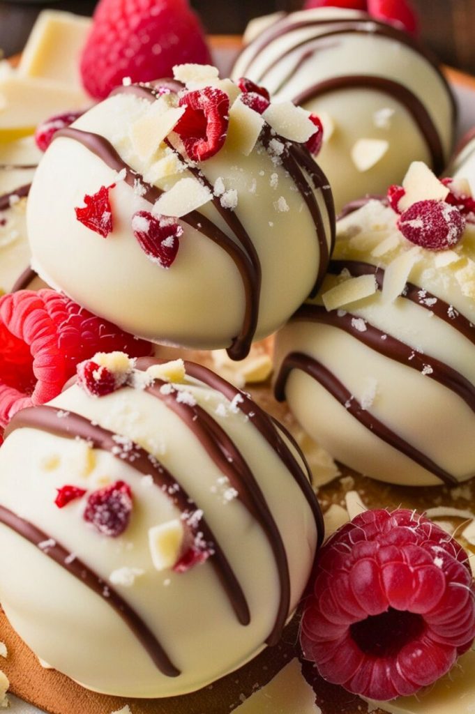 Close-up of white chocolate raspberry cheesecake balls coated in glossy white chocolate, garnished with crushed raspberries and graham cracker crumbs, placed on a rustic wooden plate.