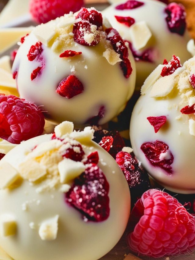 Bite-sized cheesecake balls with a smooth white chocolate coating, topped with freeze-dried raspberries, surrounded by fresh raspberries and chocolate shavings on a wooden surface.