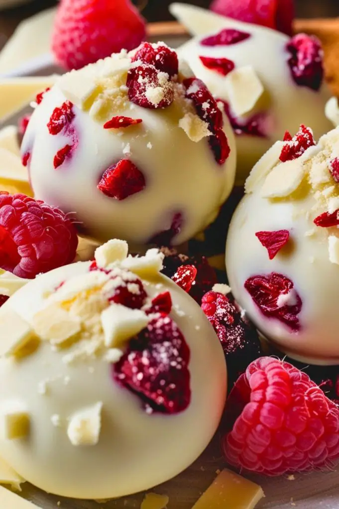 Bite-sized cheesecake balls with a smooth white chocolate coating, topped with freeze-dried raspberries, surrounded by fresh raspberries and chocolate shavings on a wooden surface.