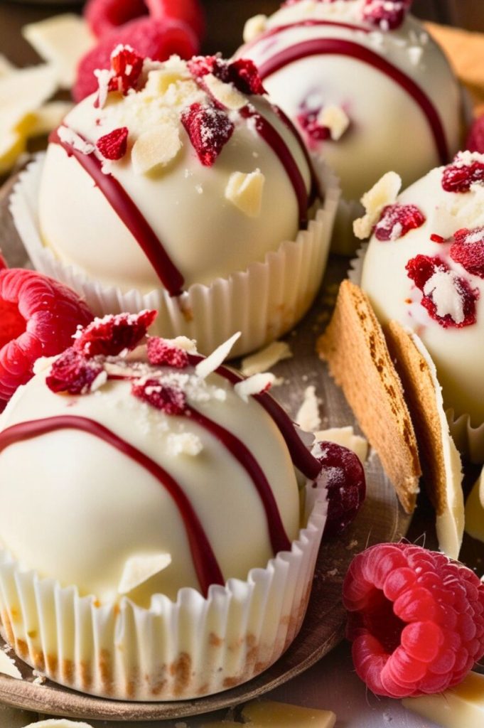 White chocolate-covered cheesecake balls adorned with raspberry crumbs and presented with scattered fresh raspberries and chocolate pieces in a warm, inviting setting.