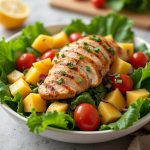Colorful Hawaiian Chicken Salad ingredients arranged on a kitchen countertop, ready for mixing.