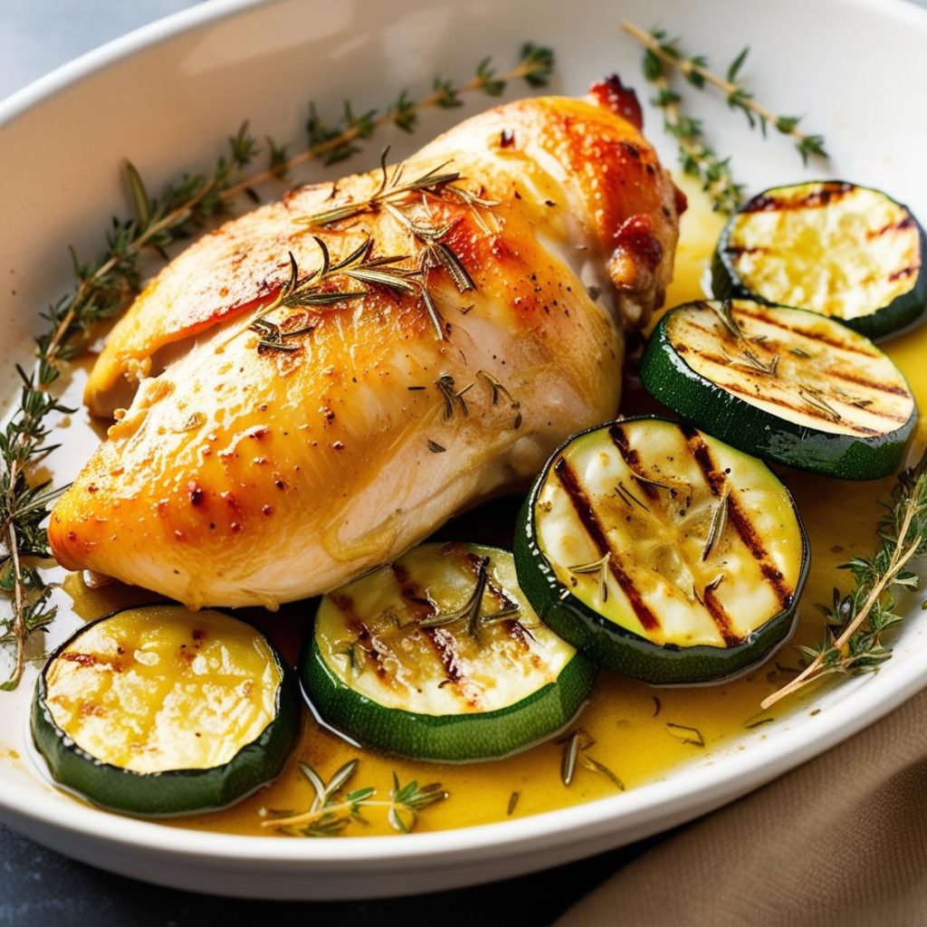 Plate of baked chicken thighs seasoned with herbs, served alongside roasted zucchini slices, garnished with fresh parsley on a rustic wooden table.