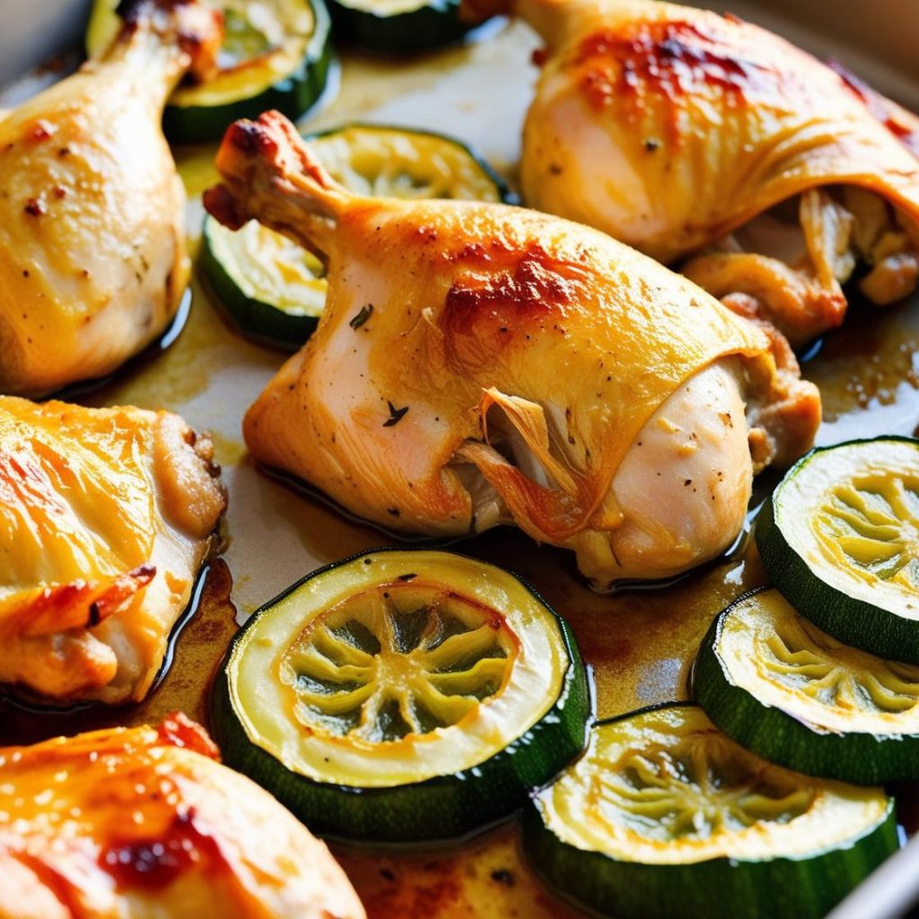 Plate of baked chicken thighs seasoned with herbs, served alongside roasted zucchini slices, garnished with fresh parsley on a rustic wooden table.