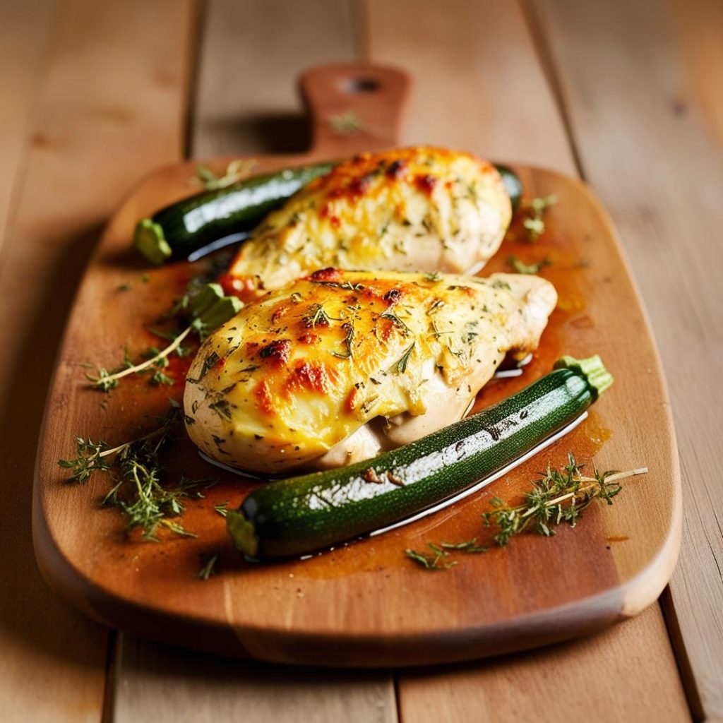 Plate of baked chicken thighs seasoned with herbs, served alongside roasted zucchini slices, garnished with fresh parsley on a rustic wooden table.